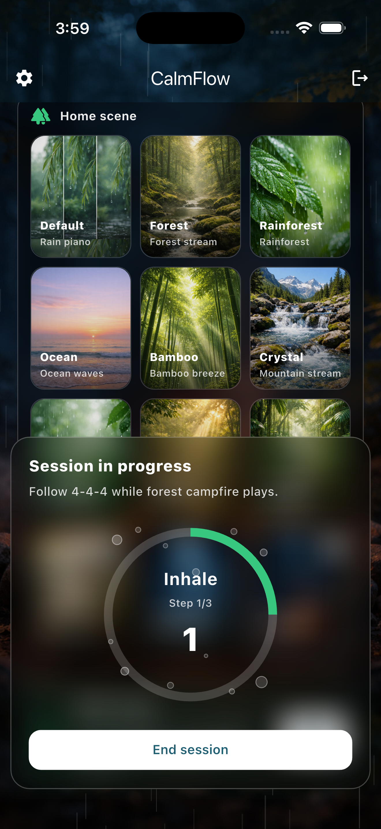 CalmFlow guided breathing screen on iPhone