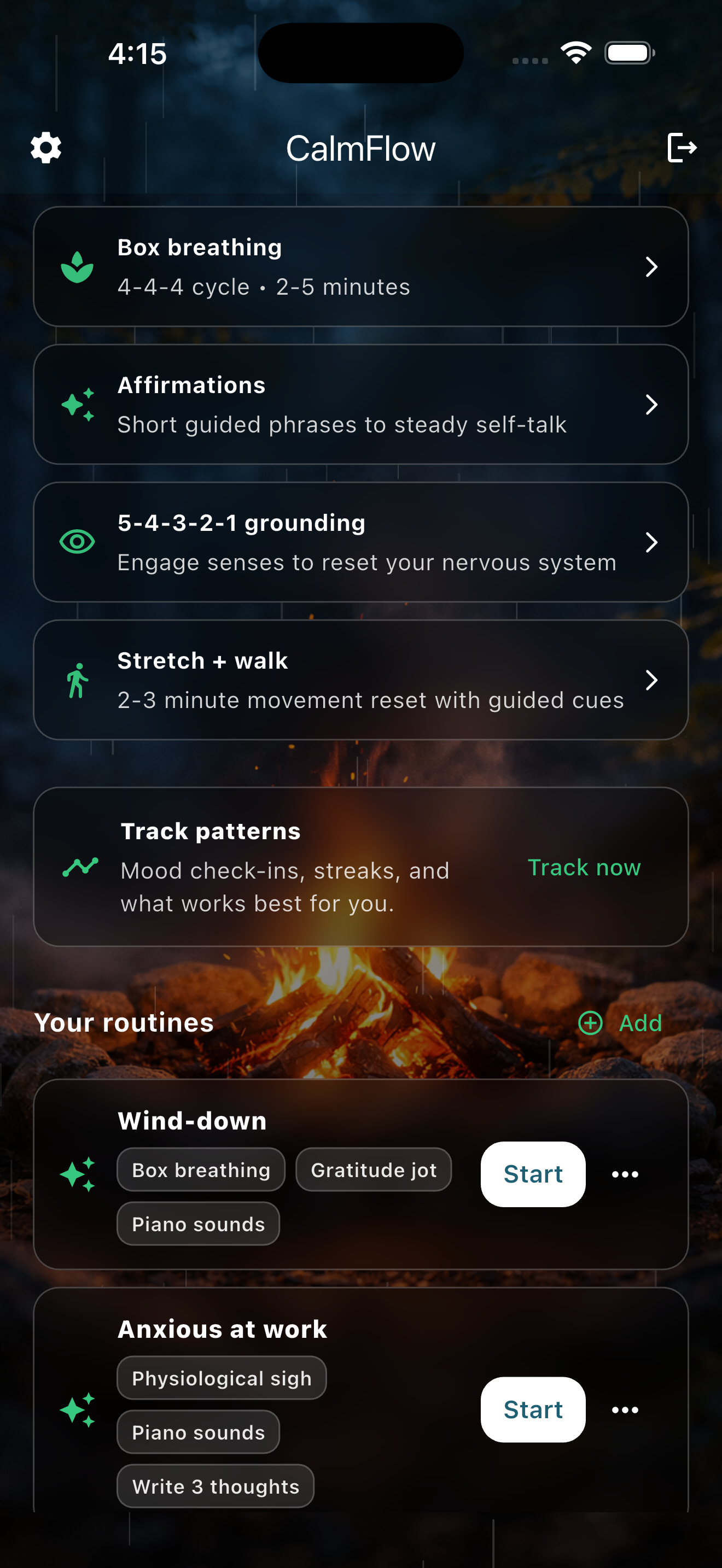CalmFlow relax features and guided support on iPhone