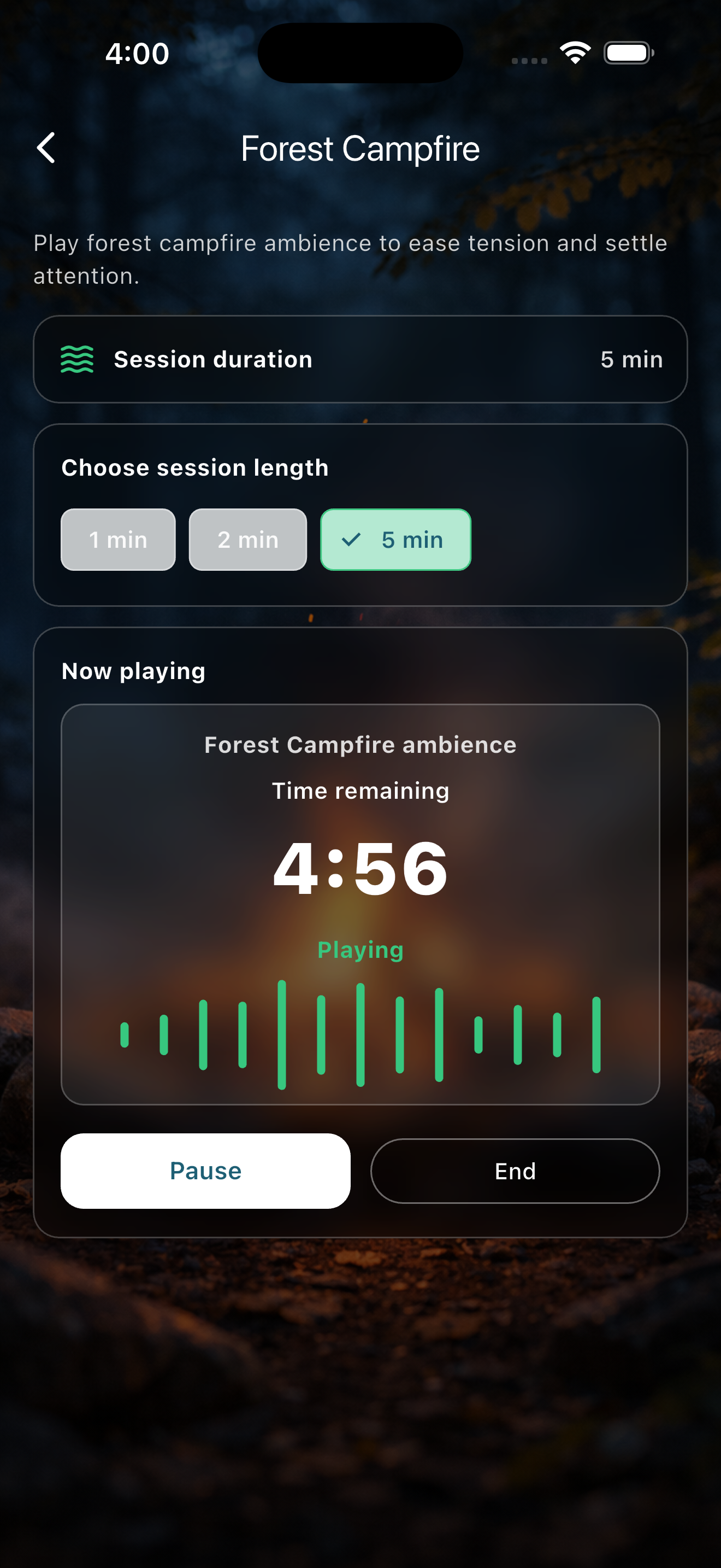 CalmFlow sleep soundscape and calming audio screen on iPhone